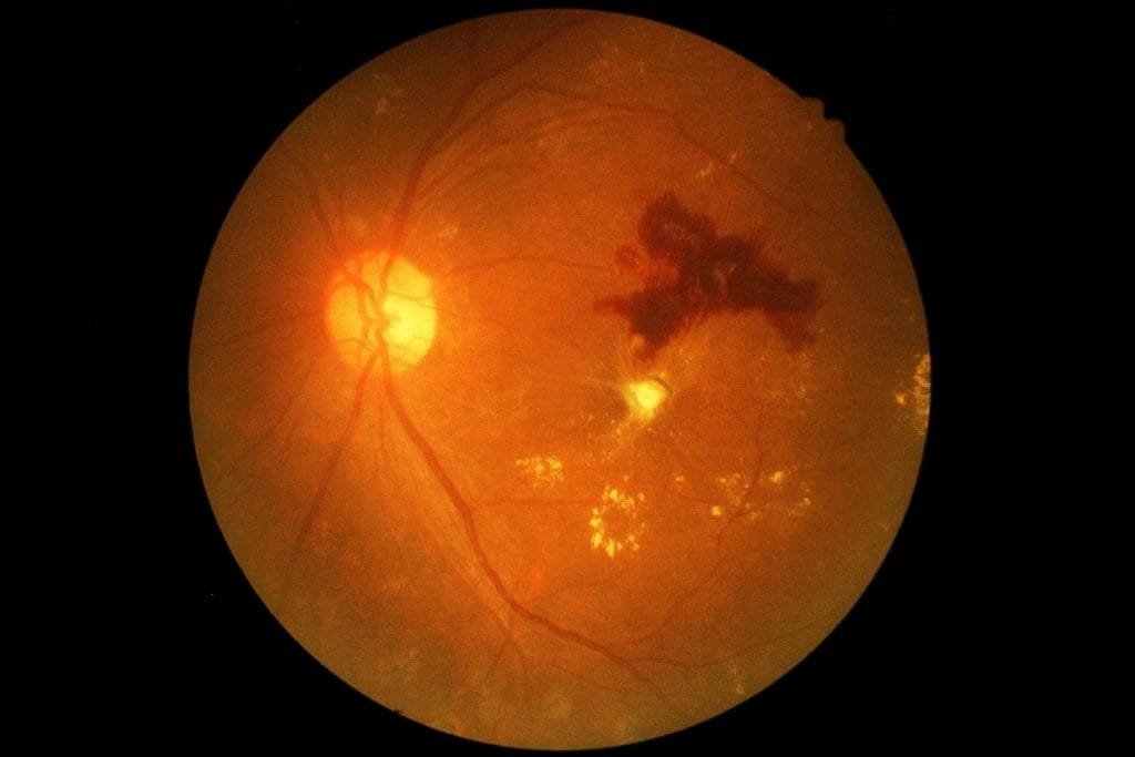 Retinopatia diabética em Brasília, representando a importância de detectar sinais como visão embaçada e manchas escuras para garantir um tratamento eficaz.